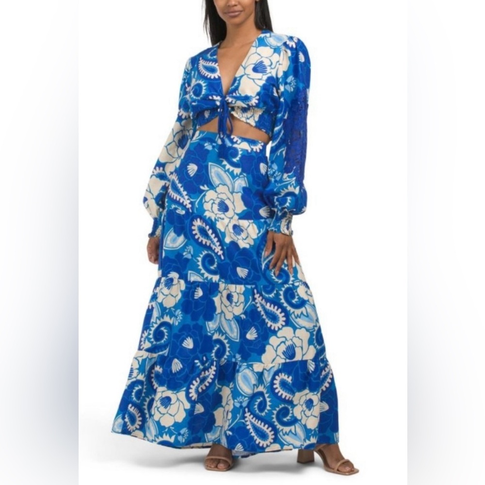 House Of Harlow 1960 Blue Floral Linen Maxi Skirt Crop Top Set
